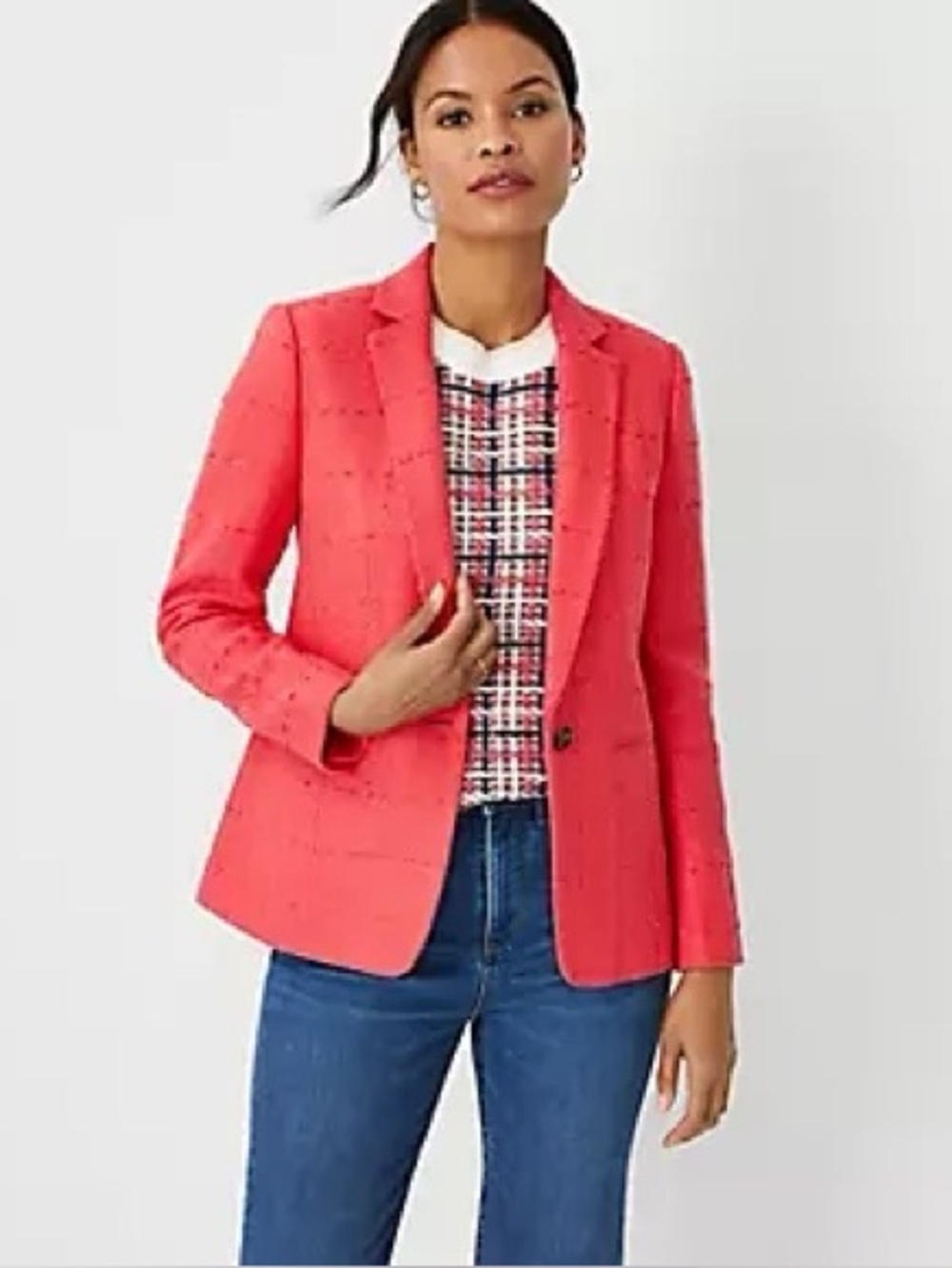 Ann Taylor The Petite Hutton Blazer in Red Tweed Womens Size 8 Petite